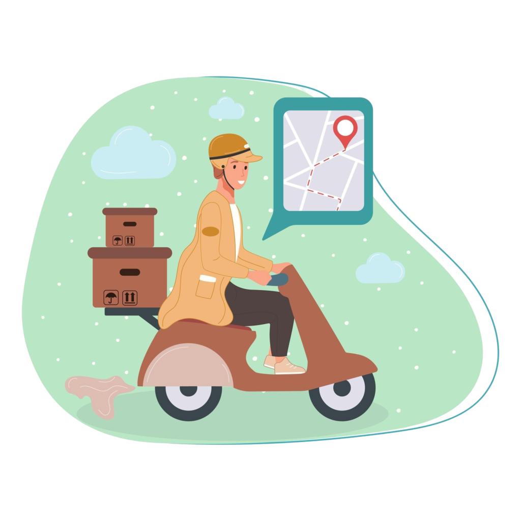 courier delivery online service worker scooter character with parcels packages boxes